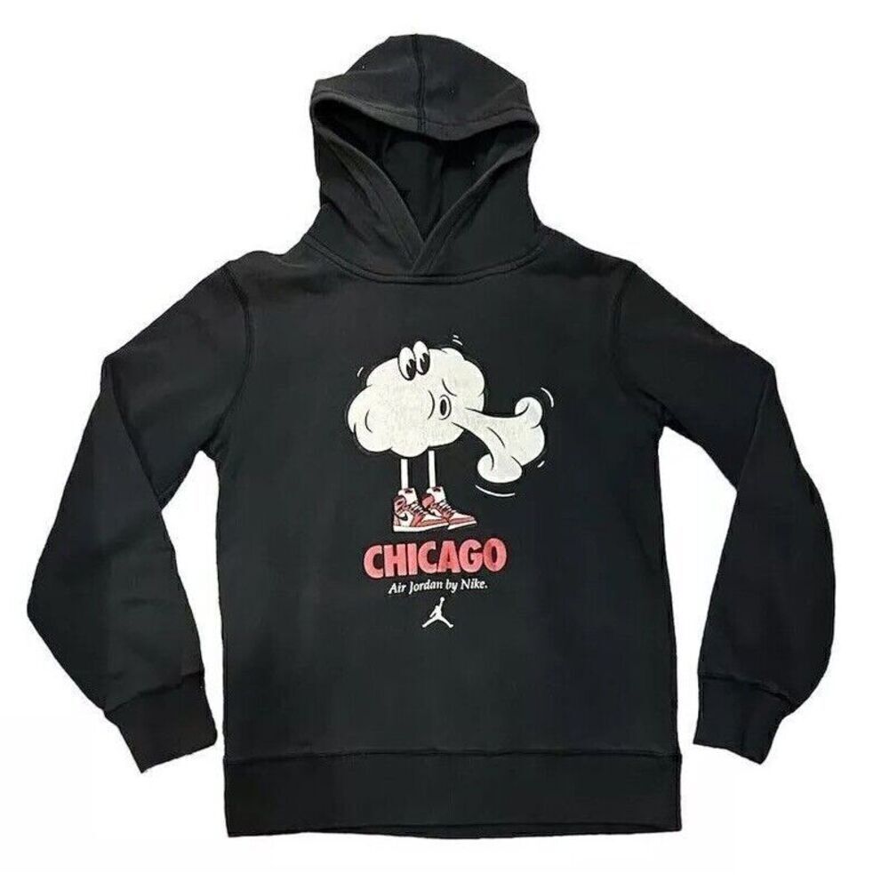 Jordan Nike Kids Black‎ Hoodie Chicago Cartoon Graphic LS Pullover Hooded L